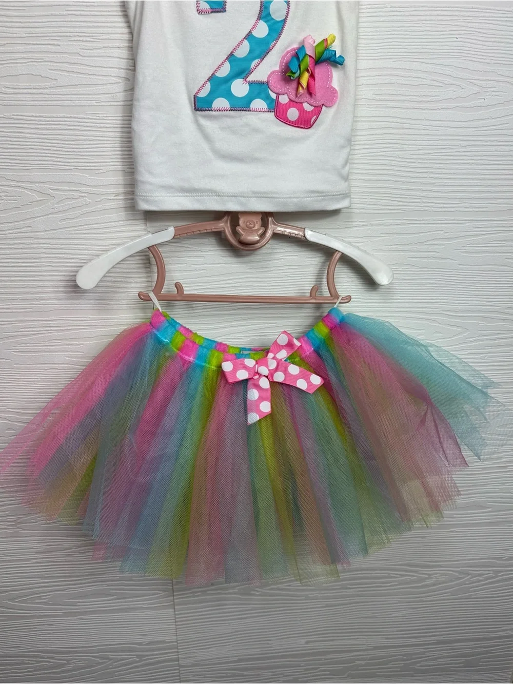 Mud Pie White Tank with Pink Tulle Collar and Rainbow Tutu 2 Year Old birthday